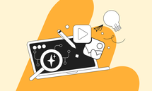 Illustration of a laptop with creative icons: magnifying glass, pencil, play button, image, paper airplane, and lightbulb on an orange background.