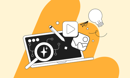 Illustration of a laptop with creative icons: magnifying glass, pencil, play button, image, paper airplane, and lightbulb on an orange background.