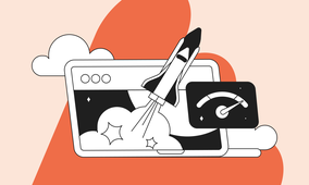 Illustration of a rocket launching from a browser window, symbolizing speed and progress. A speedometer indicates high performance.