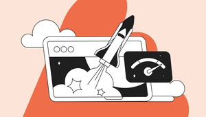 Illustration of a rocket launching from a browser window, symbolizing speed and progress. A speedometer indicates high performance.