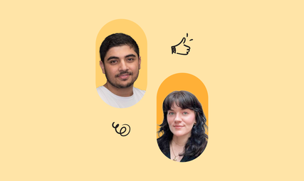 Two people in separate oval frames on a yellow background, with a thumbs-up and swirl doodle between them.