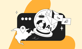 Abstract illustration with AI symbols, a map, lifebuoy, envelope, and lightbulb, all against a stylized browser window and orange shapes.