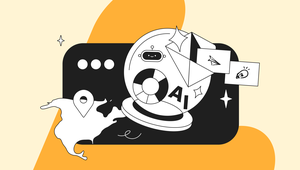 Abstract illustration with AI symbols, a map, lifebuoy, envelope, and lightbulb, all against a stylized browser window and orange shapes.