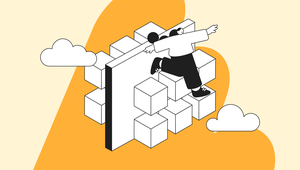 A person climbing a staircase made of cubes (composable architecture), surrounded by clouds, with an orange and beige abstract background.