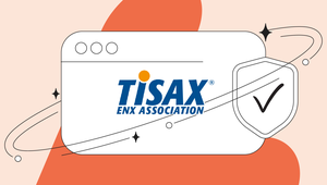 TISAX ENX Association logo with a checkmark shield, surrounded by stylized lines and stars on a peach and orange background.