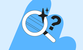 Magnifying glass, ai icon and question mark on a blue abstract background, symbolizing search and inquiry.