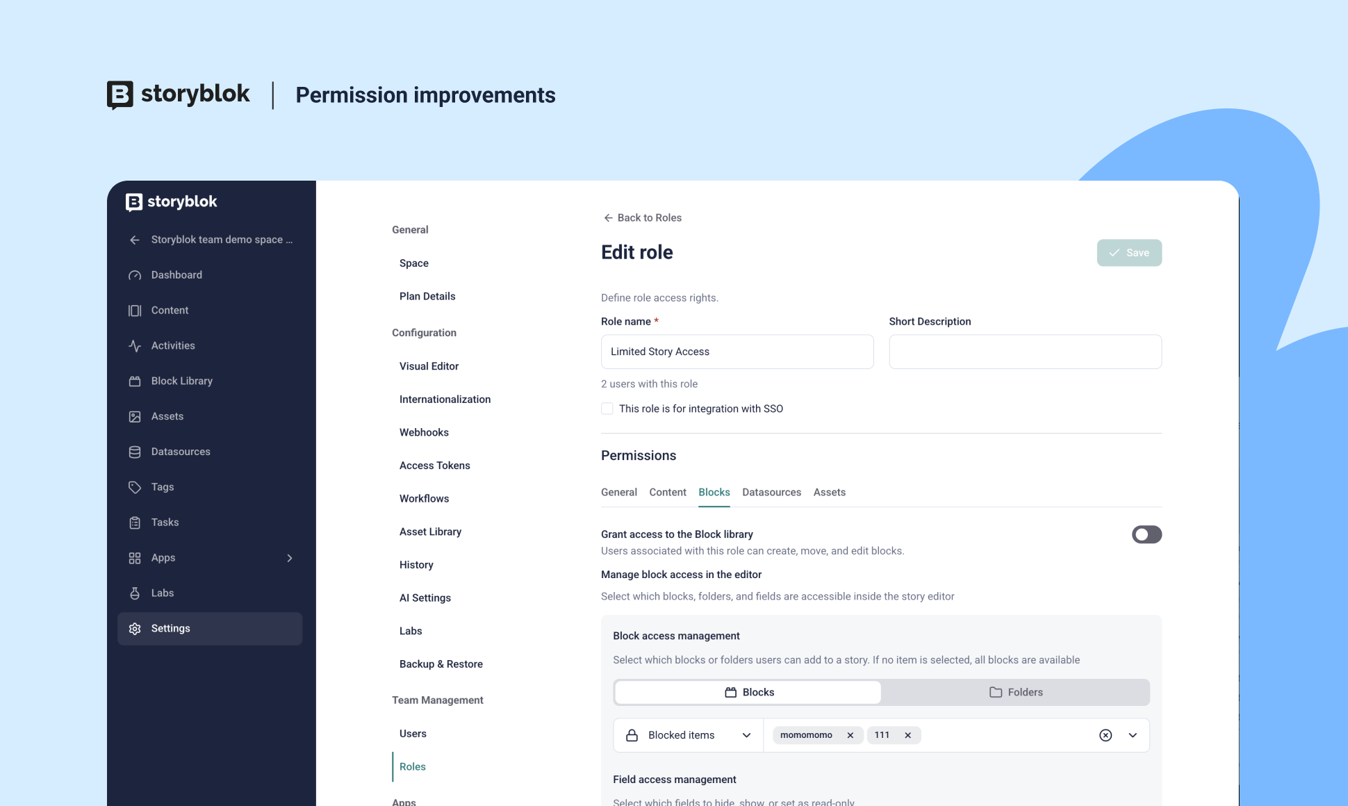 Screenshot of Storyblok interface showing the "Edit role" settings for user permissions, with options for role name, description, and access controls.