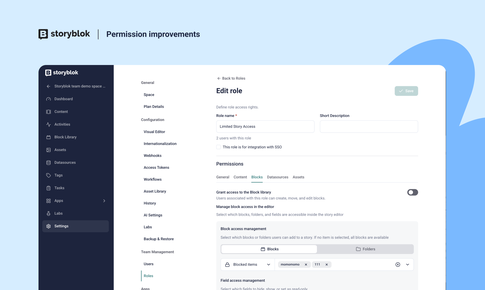 Screenshot of Storyblok interface showing the "Edit role" settings for user permissions, with options for role name, description, and access controls.