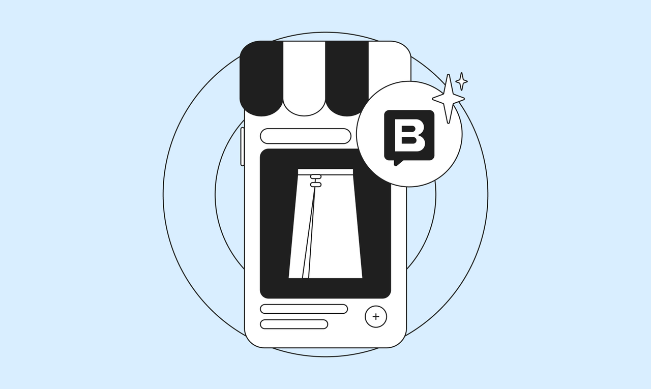 Illustration of a smartphone showing an online store with a garment, featuring a speech bubble with a "B" and sparkles on a blue background.