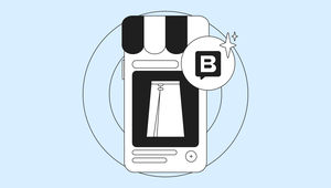 Illustration of a smartphone showing an online store with a garment, featuring a speech bubble with a "B" and sparkles on a blue background.
