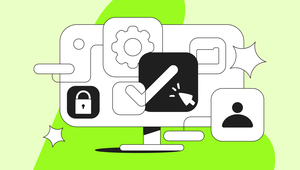Illustration of a computer screen with icons: gear, lock, user, checkmark, and cursor, on a green background with abstract shapes.