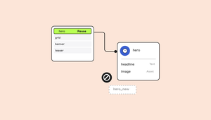 A component list with “hero” marked “Reuse,” linked to a hero schema with headline (text) and image (asset) fields, and a struck-out “hero_new” with a prohibited icon.
