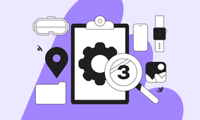 Illustration of tech icons: VR headset, location pin, folder, clipboard with gear, magnifying glass, smartphone, smartwatch, and image icon.