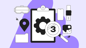 Illustration of tech icons: VR headset, location pin, folder, clipboard with gear, magnifying glass, smartphone, smartwatch, and image icon.