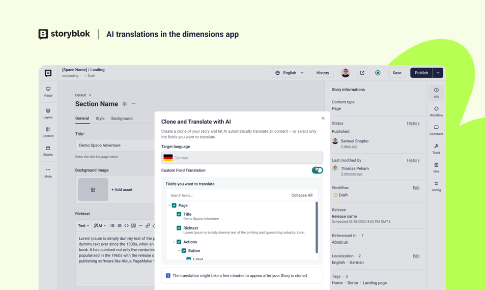 Interface of Storyblok app showing AI translation feature with options for language and fields to translate.