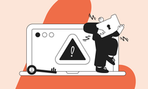 Illustration of a person holding a key and shield with a keyhole, standing on a laptop displaying an exclamation mark inside a triangle.