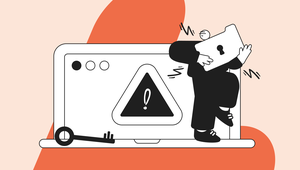 Illustration of a person holding a key and shield with a keyhole, standing on a laptop displaying an exclamation mark inside a triangle.