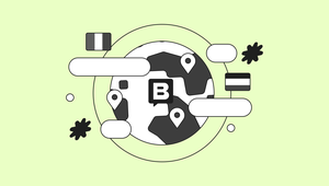 Abstract illustration of a globe with location pins, dialogue bubbles, and a "B" in the center, on a light green background.
