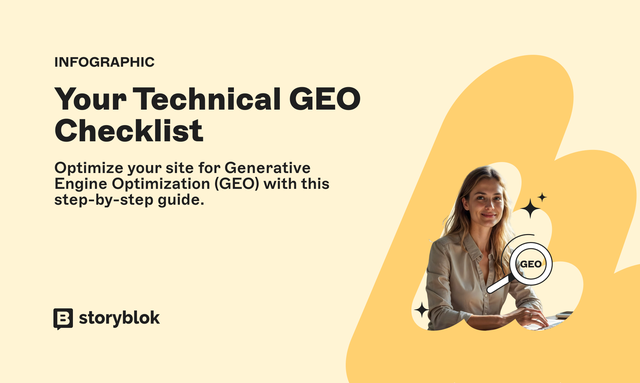 Infographic titled "Your Technical GEO Checklist" with a woman, GEO icon, and Storyblok logo on a yellow background.