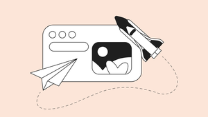 Illustration of a web browser window with a photo icon, paper airplane, and space shuttle, on a peach background with dashed lines.