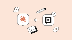 Speech bubbles with symbols, including a starburst and letter B, connected by a dotted line. A pencil, check mark, and images are scattered around.