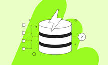 Illustration of a database with a lightning bolt on top, surrounded by connected nodes and a checkmark, set on a green abstract background.