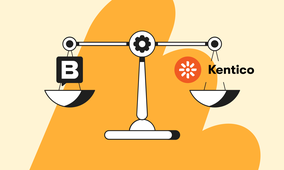 Illustration of a balance scale with Storyblok and Kentico logos, symbolizing a comparison, against a yellow and cream abstract background.