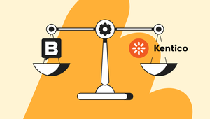 Illustration of a balance scale with Storyblok and Kentico logos, symbolizing a comparison, against a yellow and cream abstract background.