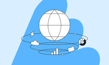 Abstract illustration of a globe with orbiting symbols: cloud, graph, arrow, and pie chart on a blue background.