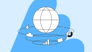 Abstract illustration of a globe with orbiting symbols: cloud, graph, arrow, and pie chart on a blue background.