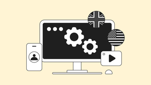 Computer screen with gear icons, phone with user symbol, UK and US flags, and play button on a beige background.