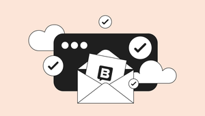 Illustration of an envelope with a letter inside, featuring a "B" icon. Surrounding are checkmarks and clouds against a peach background.