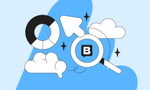 Illustration of a magnifying glass, pie chart, clouds, and arrow on a blue background with a "B" speech bubble and sparkles.