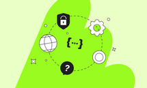 Abstract graphic with web, lock, question mark, gear icons on a green background connected by dashed lines.