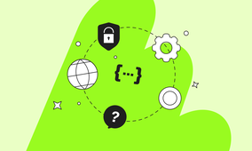 Abstract graphic with web, lock, question mark, gear icons on a green background connected by dashed lines.