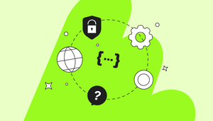 Abstract graphic with web, lock, question mark, gear icons on a green background connected by dashed lines.