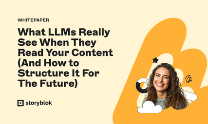 Whitepaper cover titled "What LLMs Really See When They Read Your Content" with a smiling woman and abstract design elements.