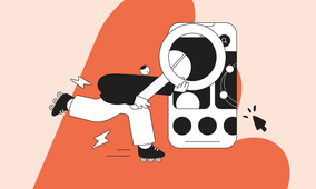 Illustration of a person on roller skates holding a magnifying glass, examining a large smartphone screen with icons, on an orange background.