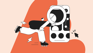 Illustration of a person on roller skates holding a magnifying glass, examining a large smartphone screen with icons, on an orange background.