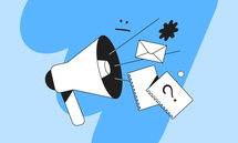 Illustration of a megaphone emitting lines toward flying items: a notepad, envelope, exclamation mark, and abstract shapes, on a blue background.