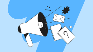 Illustration of a megaphone emitting lines toward flying items: a notepad, envelope, exclamation mark, and abstract shapes, on a blue background.