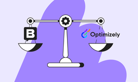 Illustration of a balance scale with a "B" on the left and "Optimizely" logo on the right against a purple abstract background.