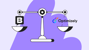 Illustration of a balance scale with a "B" on the left and "Optimizely" logo on the right against a purple abstract background.