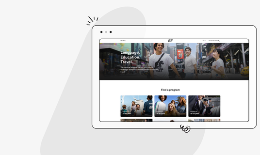 Illustration of a computer screen displaying a website for language, education, and travel programs, featuring smiling people and program options.