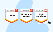Three G2 Winter 2026 badges on a blue abstract background reading: Leader; Momentum Leader; High Performer.