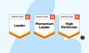 Three G2 Winter 2026 badges on a blue abstract background reading: Leader; Momentum Leader; High Performer.