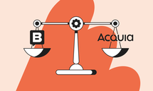 Illustration of a balance scale with "B" on one side and "Acquia" on the other, set against an abstract orange background.