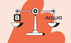 Illustration of a balance scale with "B" on one side and "Acquia" on the other, set against an abstract orange background.