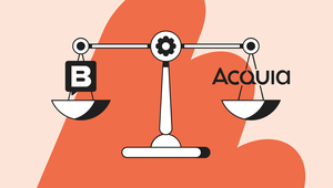 Illustration of a balance scale with "B" on one side and "Acquia" on the other, set against an abstract orange background.