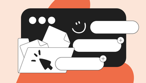 Abstract illustration of a black window with a smiley face, file folder, envelopes, and speech bubbles on an orange and beige background.